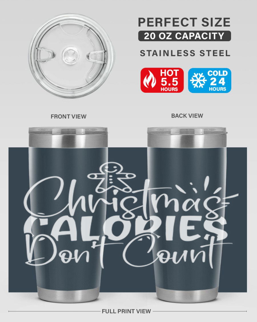 Christmas Calories Don't Count 45# Tumbler in stainless steel with festive design, perfect for hot and cold beverages.