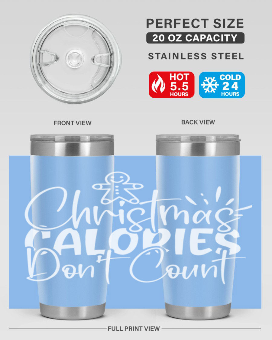 Christmas Calories Don't Count 45# Tumbler in stainless steel with festive design, perfect for hot and cold beverages.