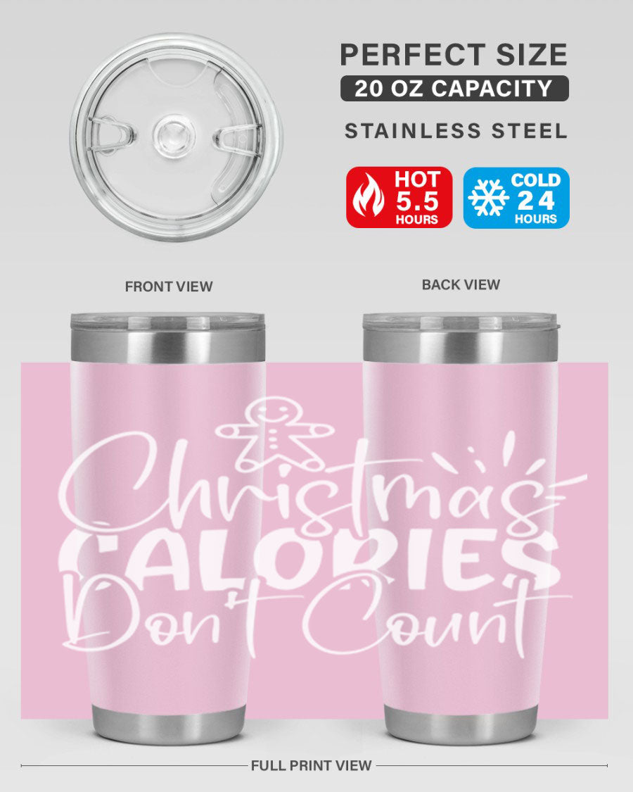 Christmas Calories Don't Count 45# Tumbler in stainless steel with festive design, perfect for hot and cold beverages.