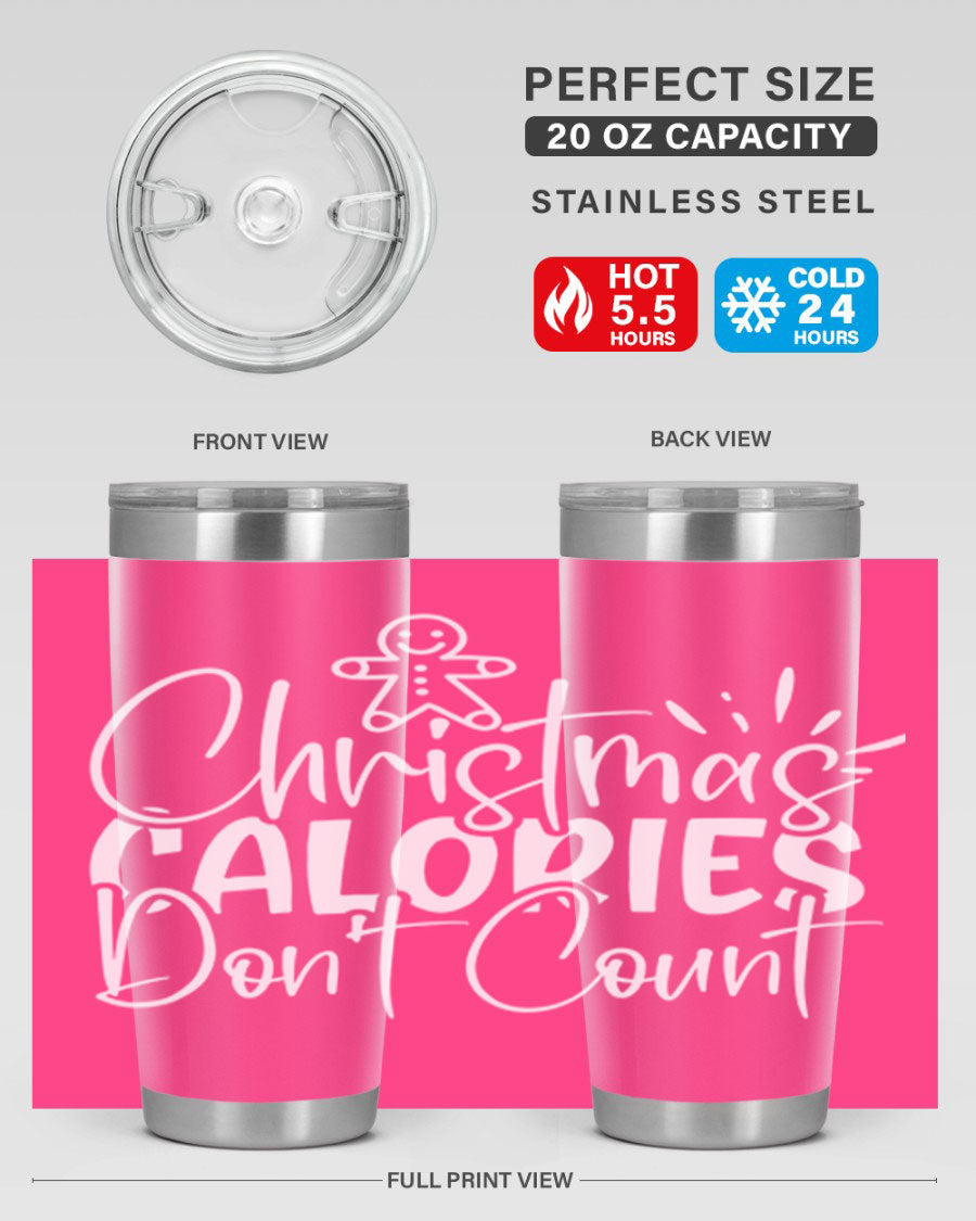 Christmas Calories Don't Count 45# Tumbler in stainless steel with festive design, perfect for hot and cold beverages.