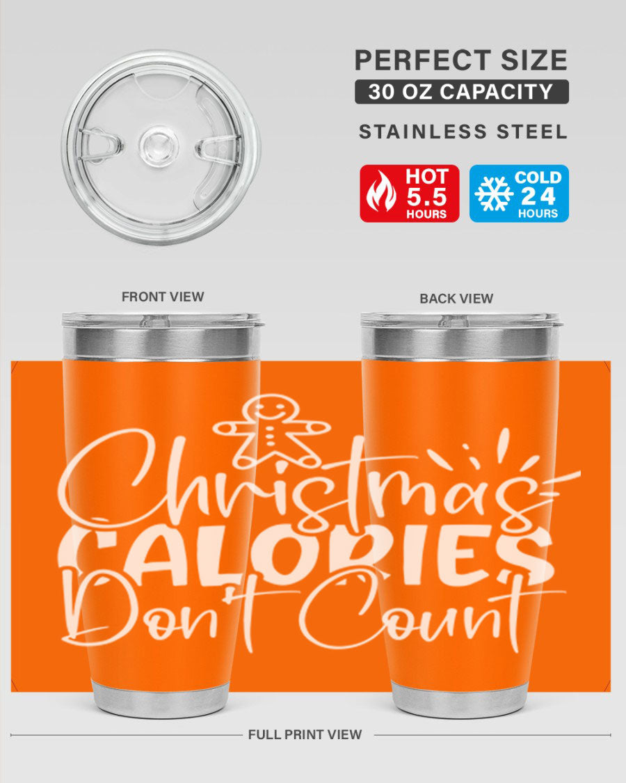 Christmas Calories Don't Count 45# Tumbler in stainless steel with festive design, perfect for hot and cold beverages.