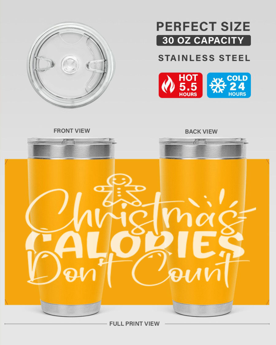 Christmas Calories Don't Count 45# Tumbler in stainless steel with festive design, perfect for hot and cold beverages.