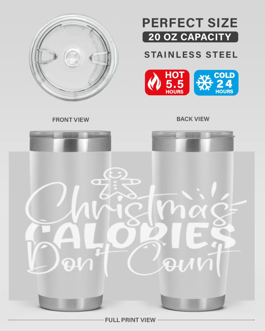 Christmas Calories Don't Count 45# Tumbler in stainless steel with festive design, perfect for hot and cold beverages.