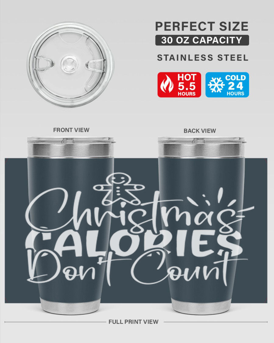 Christmas Calories Don't Count 45# Tumbler in stainless steel with festive design, perfect for hot and cold beverages.