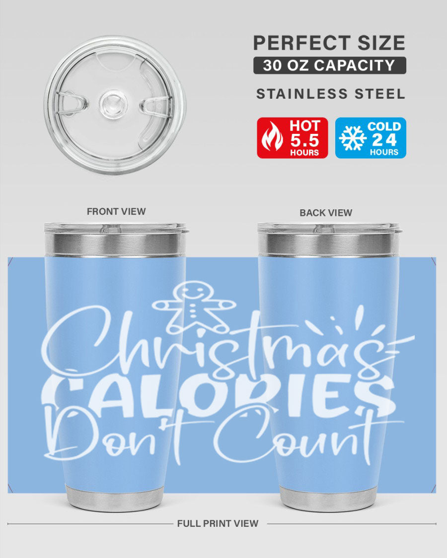 Christmas Calories Don't Count 45# Tumbler in stainless steel with festive design, perfect for hot and cold beverages.