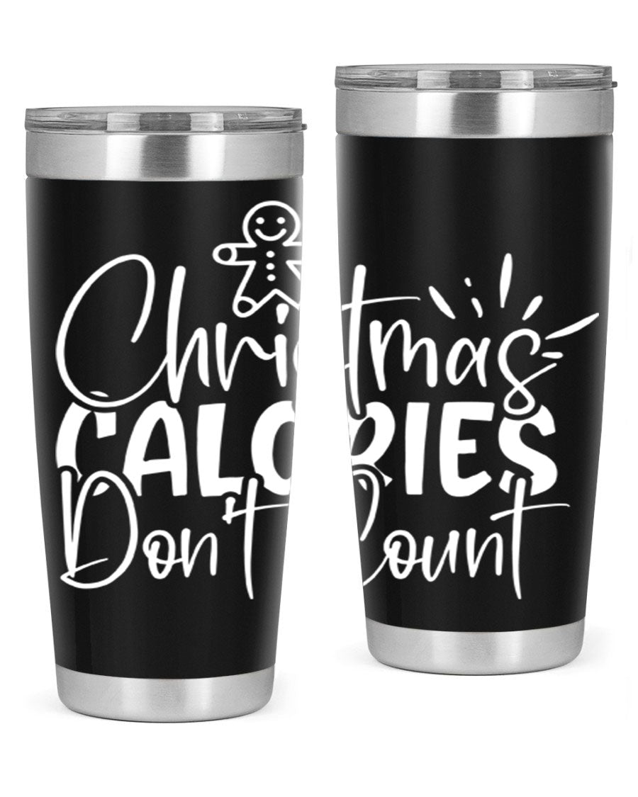 Christmas Calories Don't Count 45# Tumbler in stainless steel with festive design, perfect for hot and cold beverages.