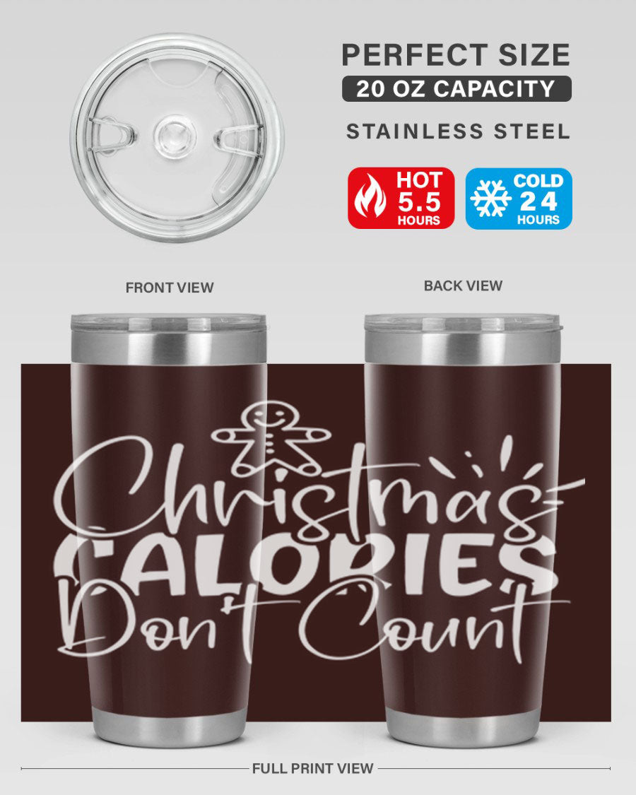 Christmas Calories Don't Count 45# Tumbler in stainless steel with festive design, perfect for hot and cold beverages.