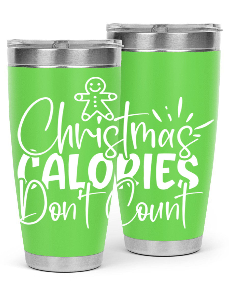 Christmas Calories Don't Count 45# Tumbler in stainless steel with festive design, perfect for hot and cold beverages.
