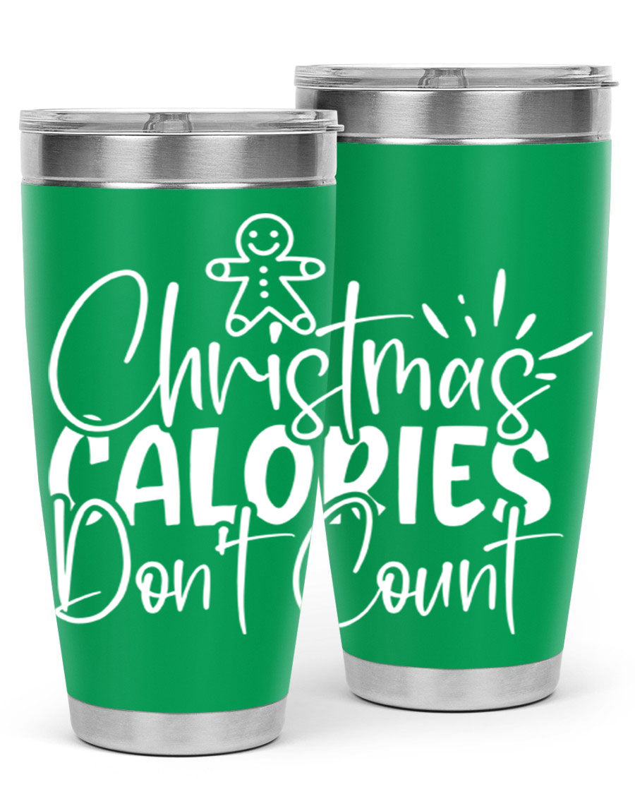 Christmas Calories Don't Count 45# Tumbler in stainless steel with festive design, perfect for hot and cold beverages.