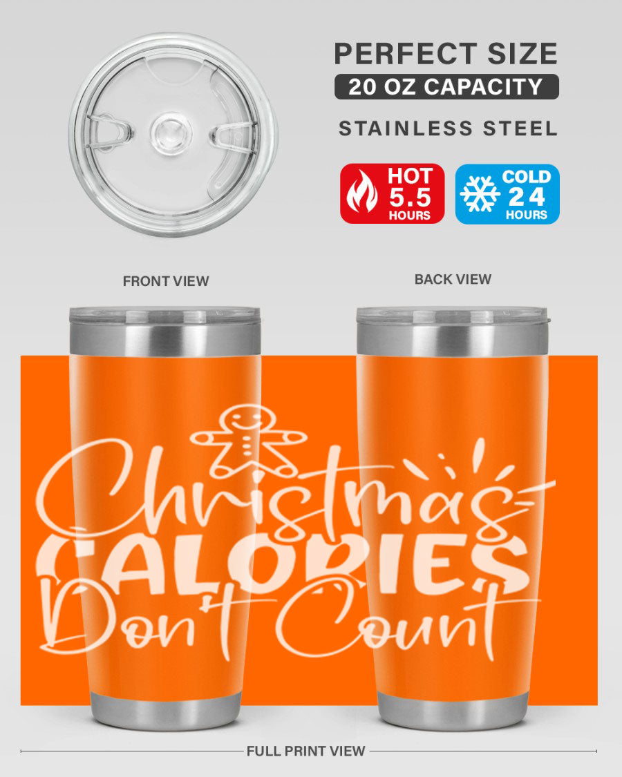 Christmas Calories Don't Count 45# Tumbler in stainless steel with festive design, perfect for hot and cold beverages.