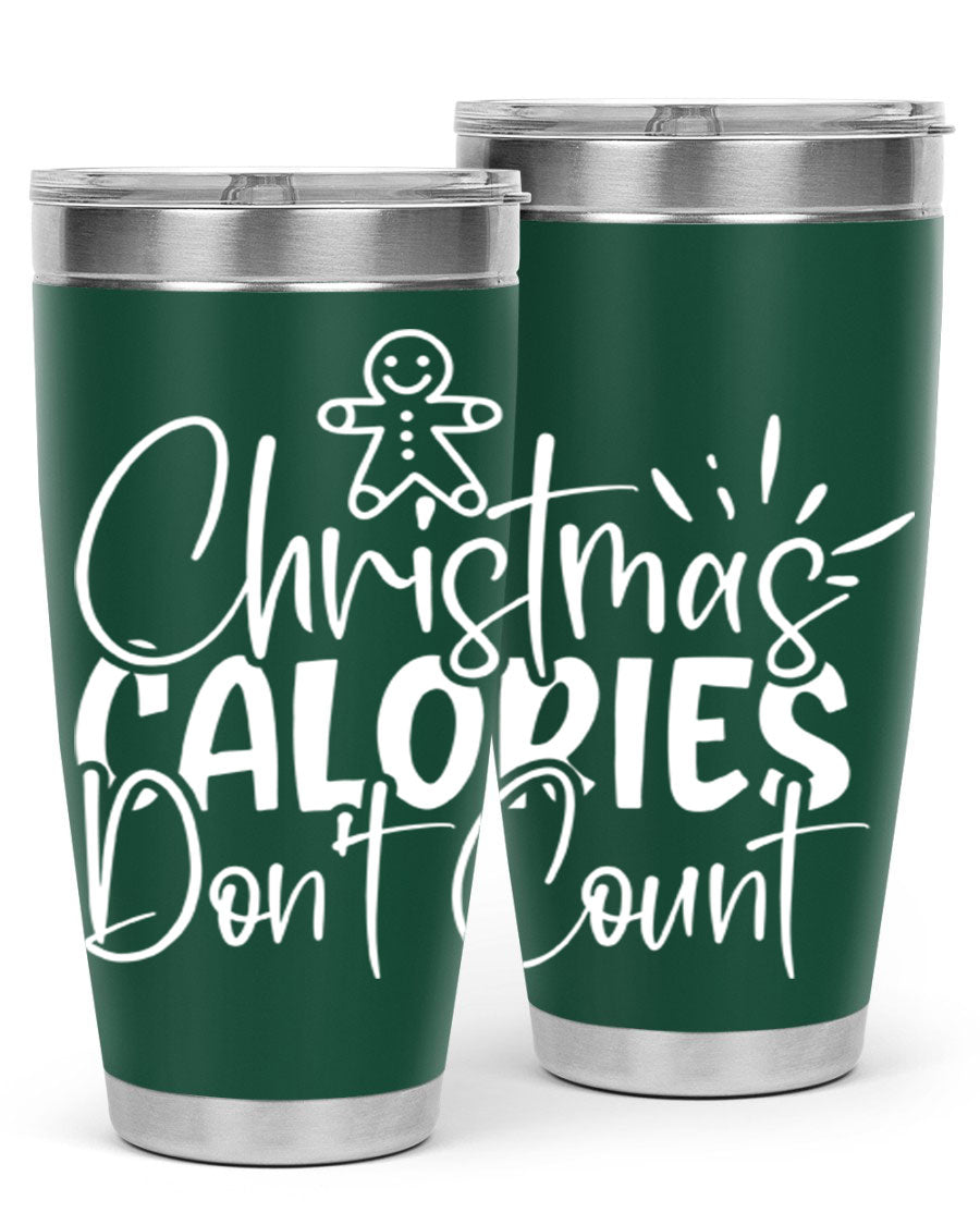 Christmas Calories Don't Count 45# Tumbler in stainless steel with festive design, perfect for hot and cold beverages.