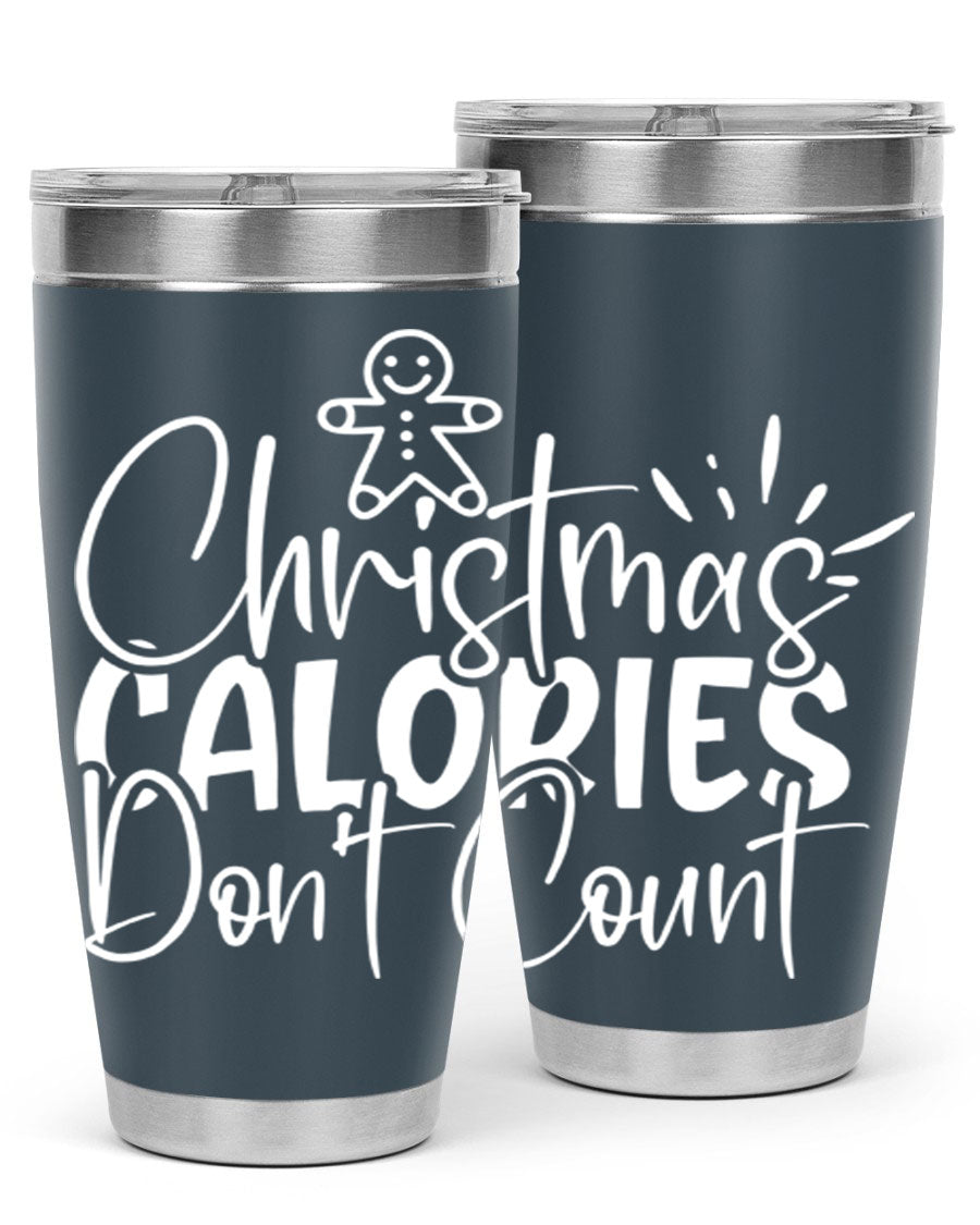 Christmas Calories Don't Count 45# Tumbler in stainless steel with festive design, perfect for hot and cold beverages.