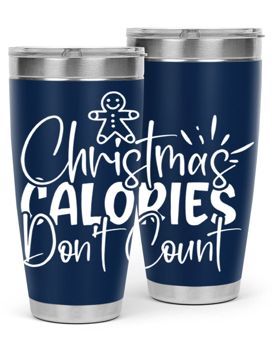 Christmas Calories Don't Count 45# Tumbler in stainless steel with festive design, perfect for hot and cold beverages.