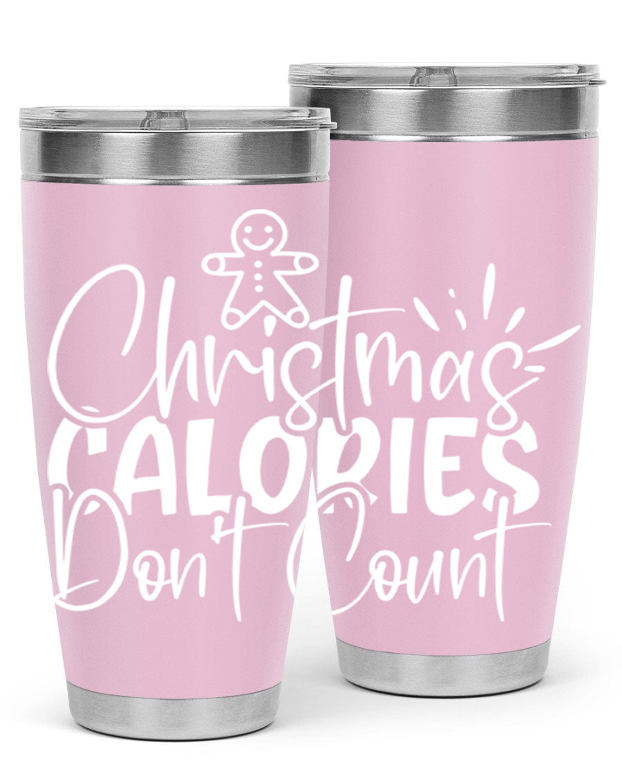 Christmas Calories Don't Count 45# Tumbler in stainless steel with festive design, perfect for hot and cold beverages.