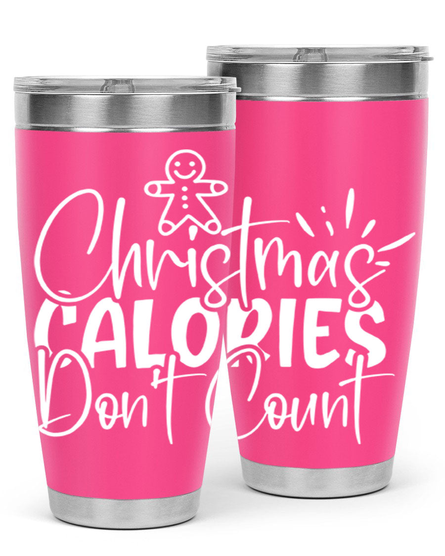 Christmas Calories Don't Count 45# Tumbler in stainless steel with festive design, perfect for hot and cold beverages.