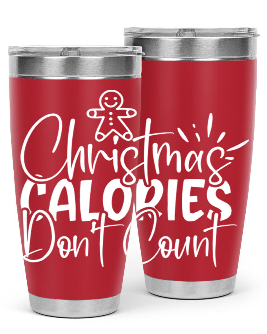 Christmas Calories Don't Count 45# Tumbler in stainless steel with festive design, perfect for hot and cold beverages.