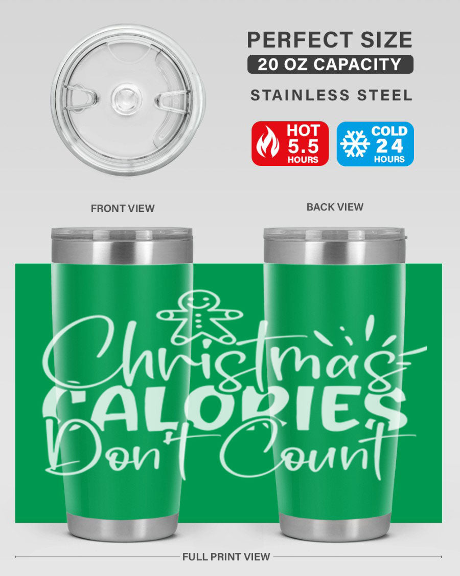 Christmas Calories Don't Count 45# Tumbler in stainless steel with festive design, perfect for hot and cold beverages.
