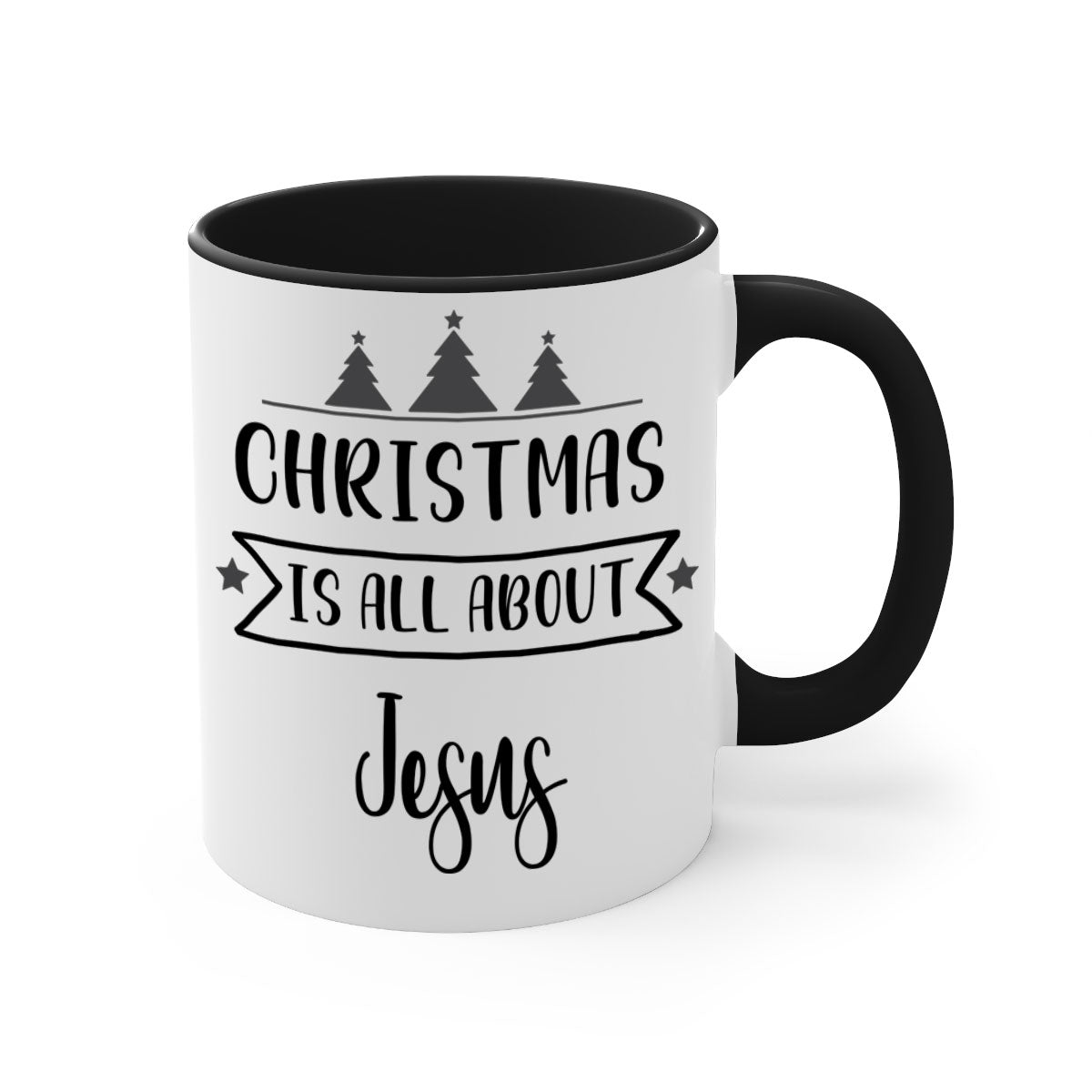 Christmas is All About Jesus Mug featuring a glossy finish and colorful handle, available in multiple sizes.