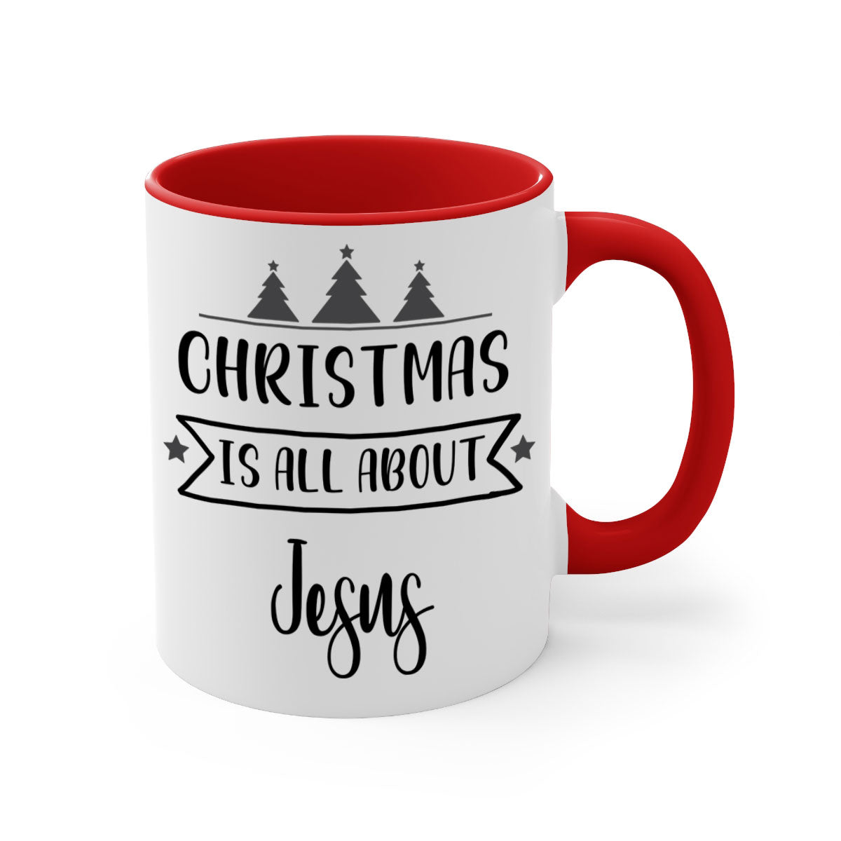 Christmas is All About Jesus Mug featuring a glossy finish and colorful handle, available in multiple sizes.