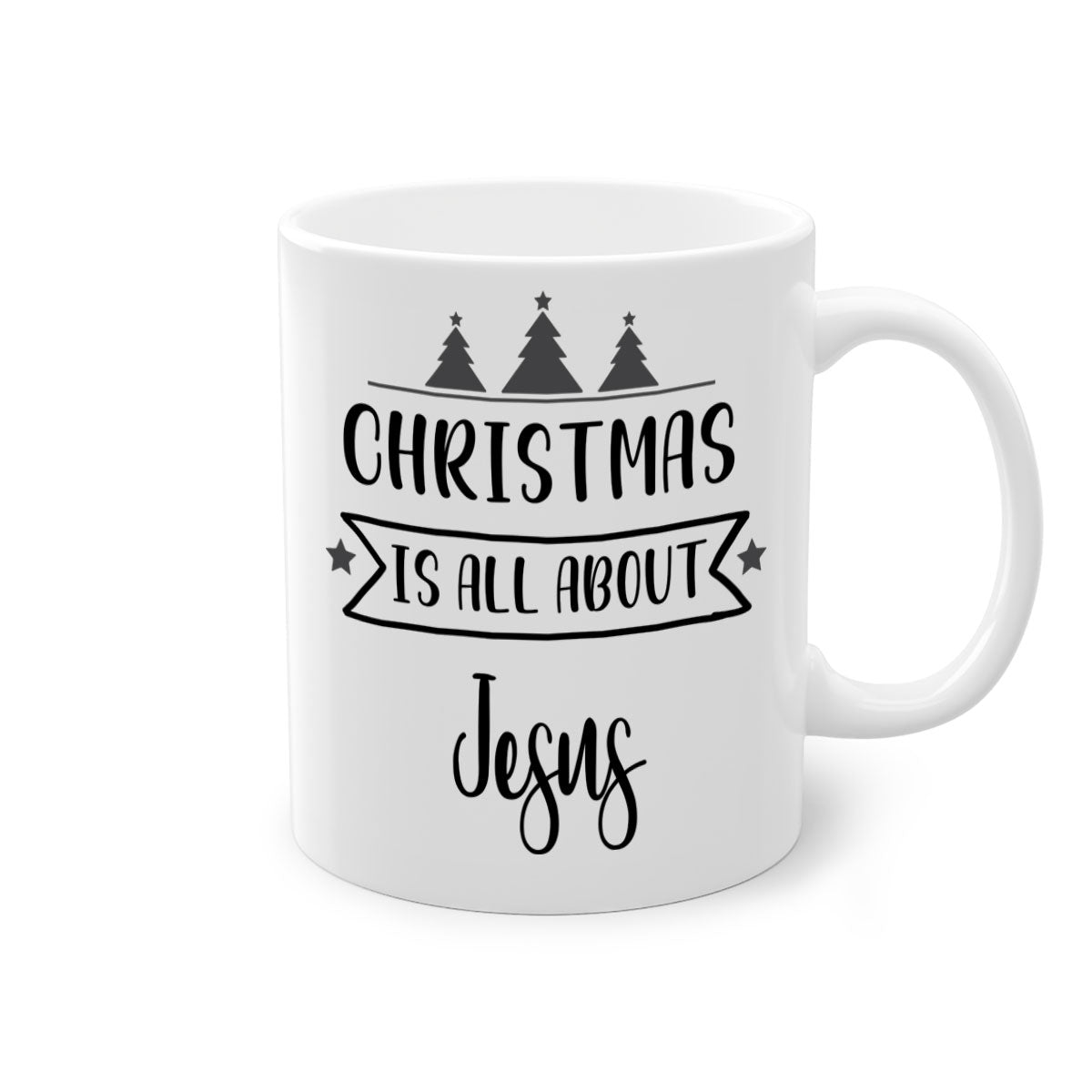 Christmas is All About Jesus Mug featuring a glossy finish and colorful handle, available in multiple sizes.