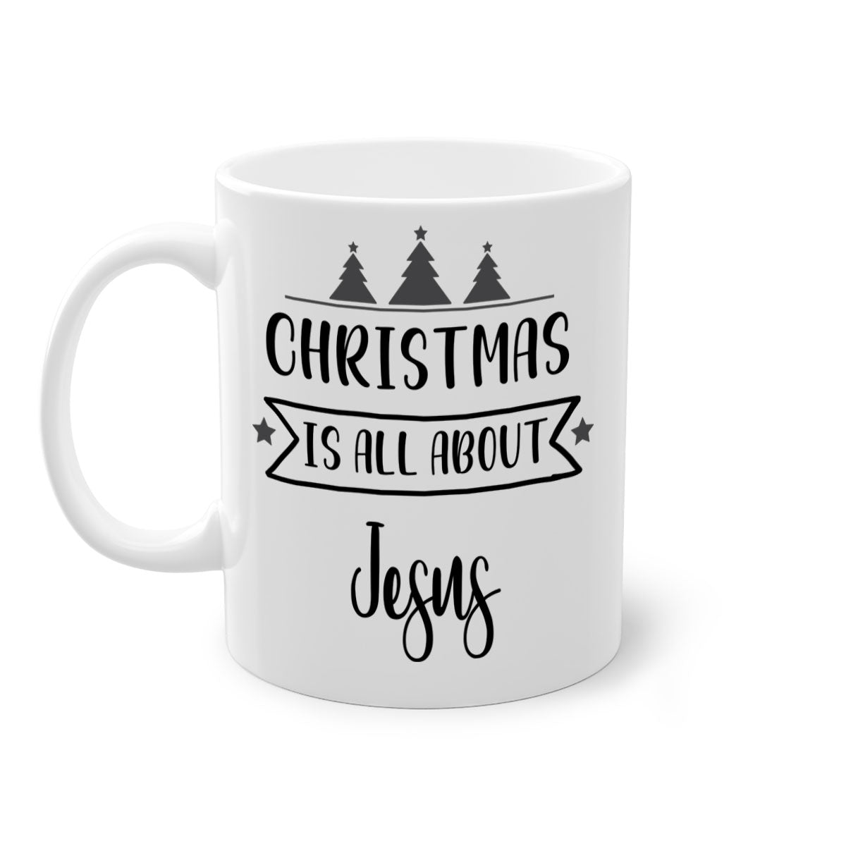 Christmas is All About Jesus Mug featuring a glossy finish and colorful handle, available in multiple sizes.