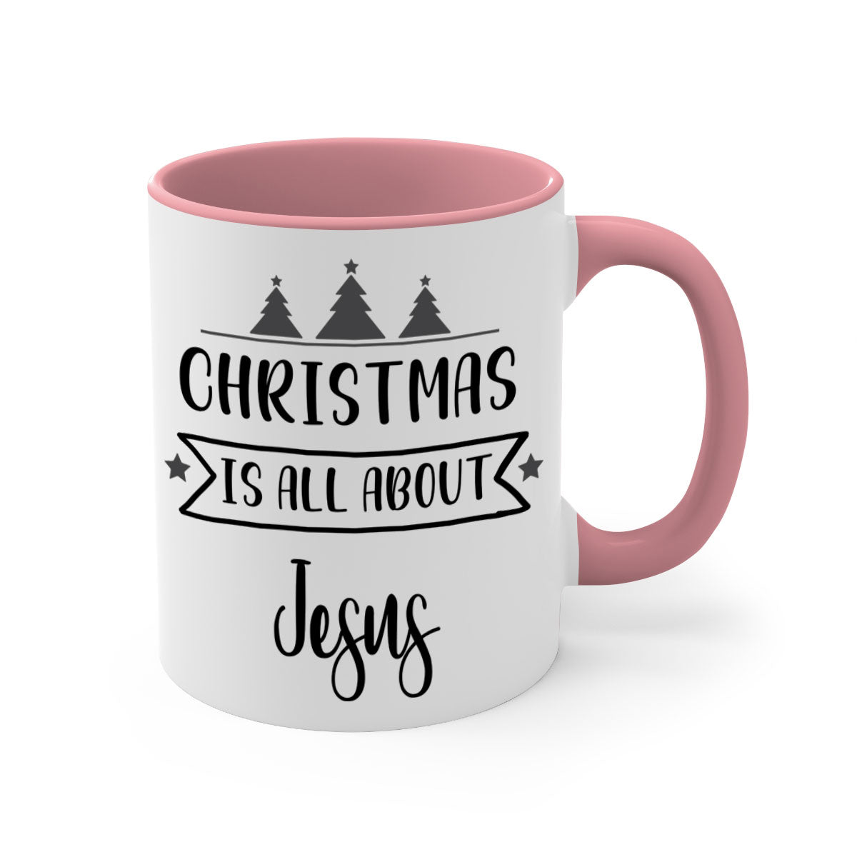 Christmas is All About Jesus Mug featuring a glossy finish and colorful handle, available in multiple sizes.