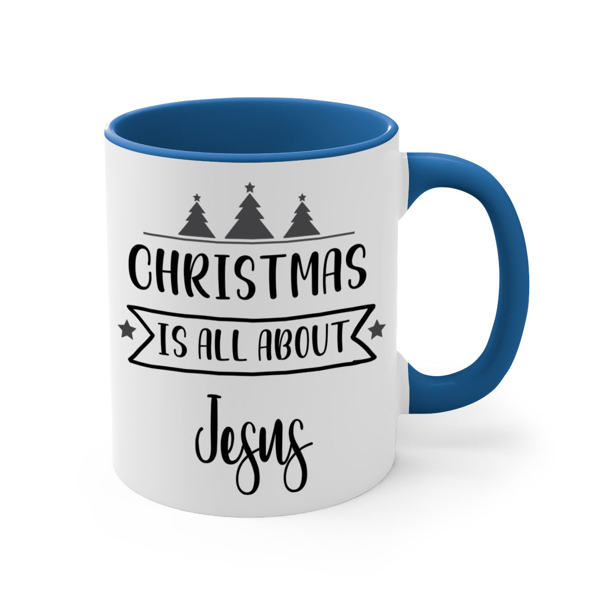 Christmas is All About Jesus Mug featuring a glossy finish and colorful handle, available in multiple sizes.