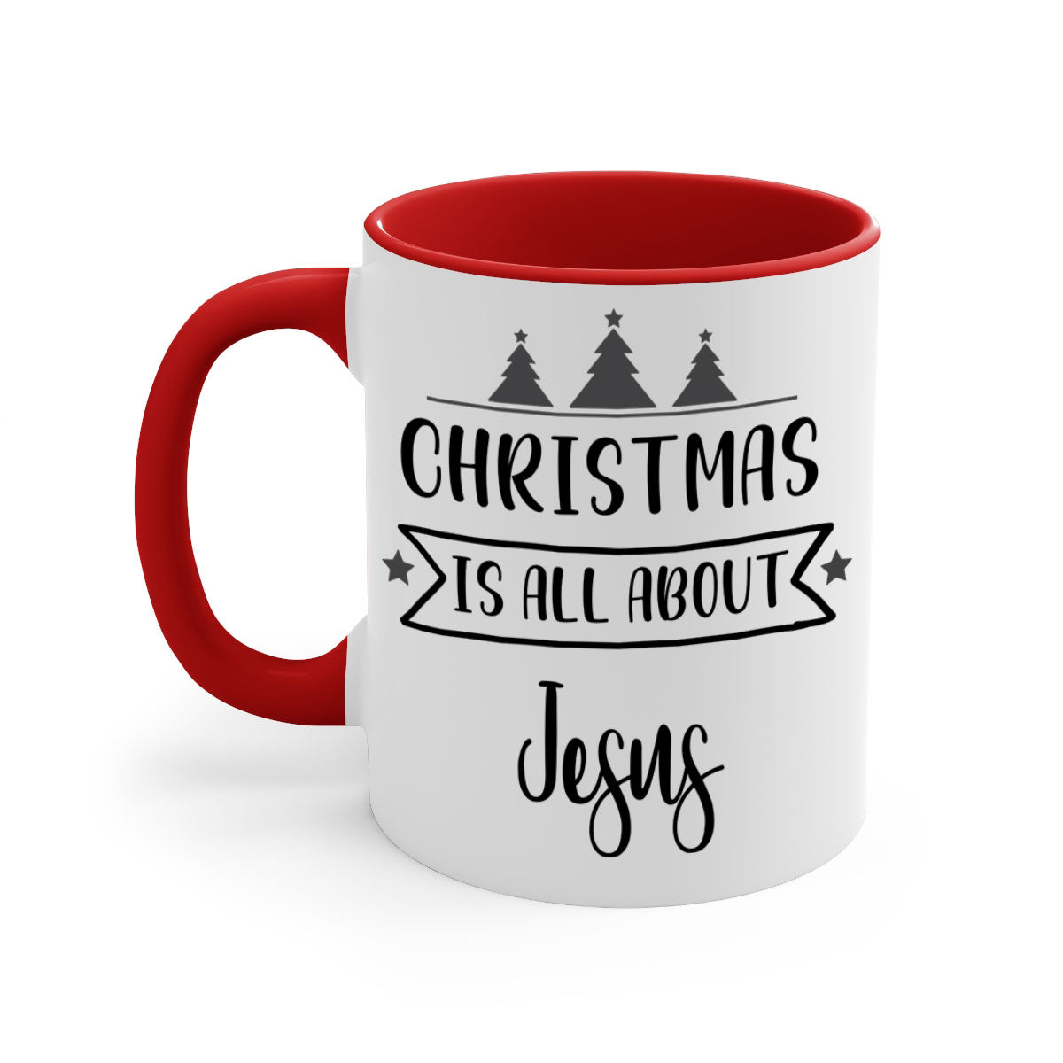 Christmas is All About Jesus Mug featuring a glossy finish and colorful handle, available in multiple sizes.