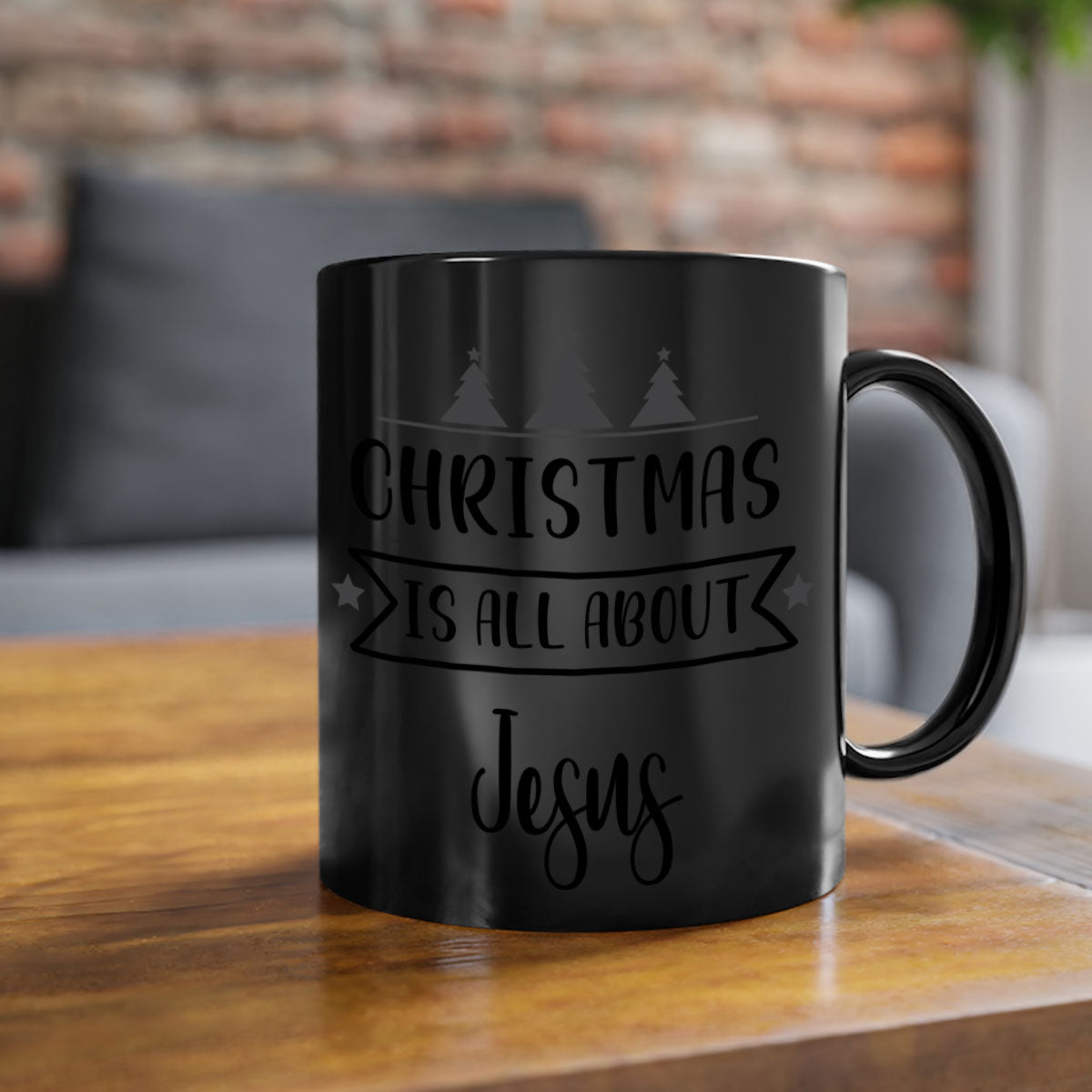 Christmas is All About Jesus Mug featuring a glossy finish and colorful handle, available in multiple sizes.