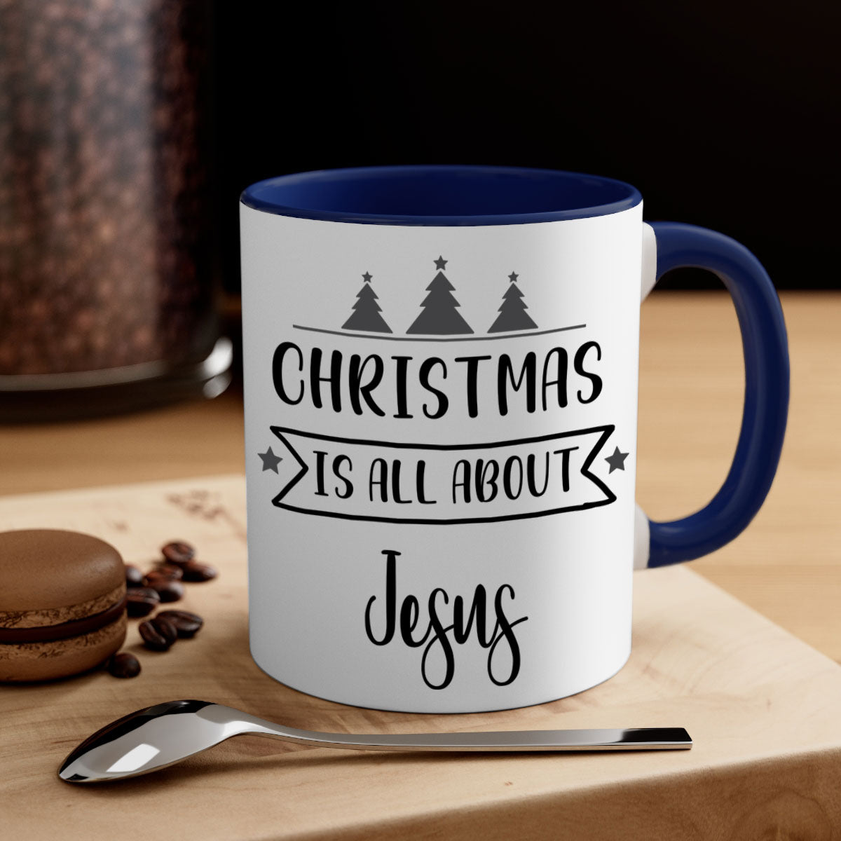 Christmas is All About Jesus Mug featuring a glossy finish and colorful handle, available in multiple sizes.