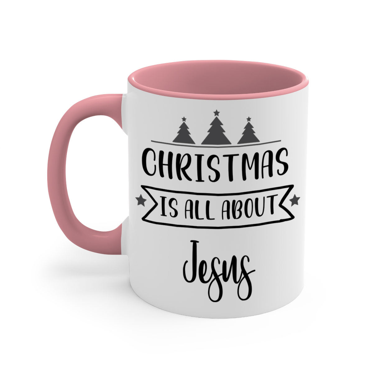 Christmas is All About Jesus Mug featuring a glossy finish and colorful handle, available in multiple sizes.