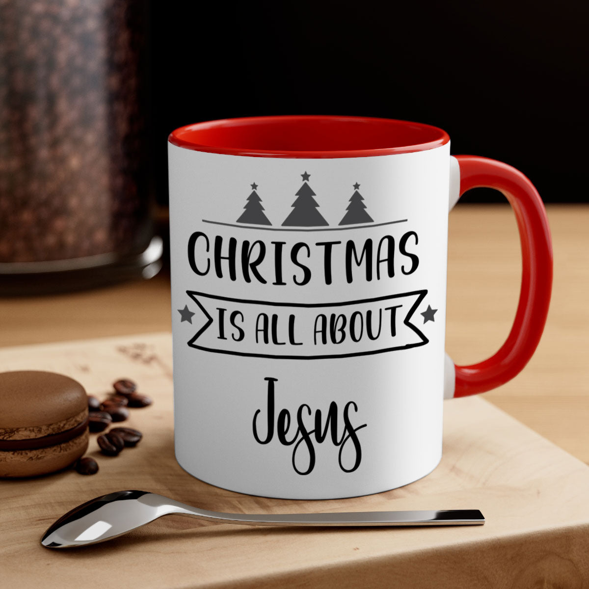 Christmas is All About Jesus Mug featuring a glossy finish and colorful handle, available in multiple sizes.