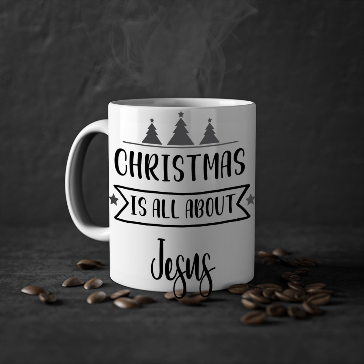 Christmas is All About Jesus Mug featuring a glossy finish and colorful handle, available in multiple sizes.