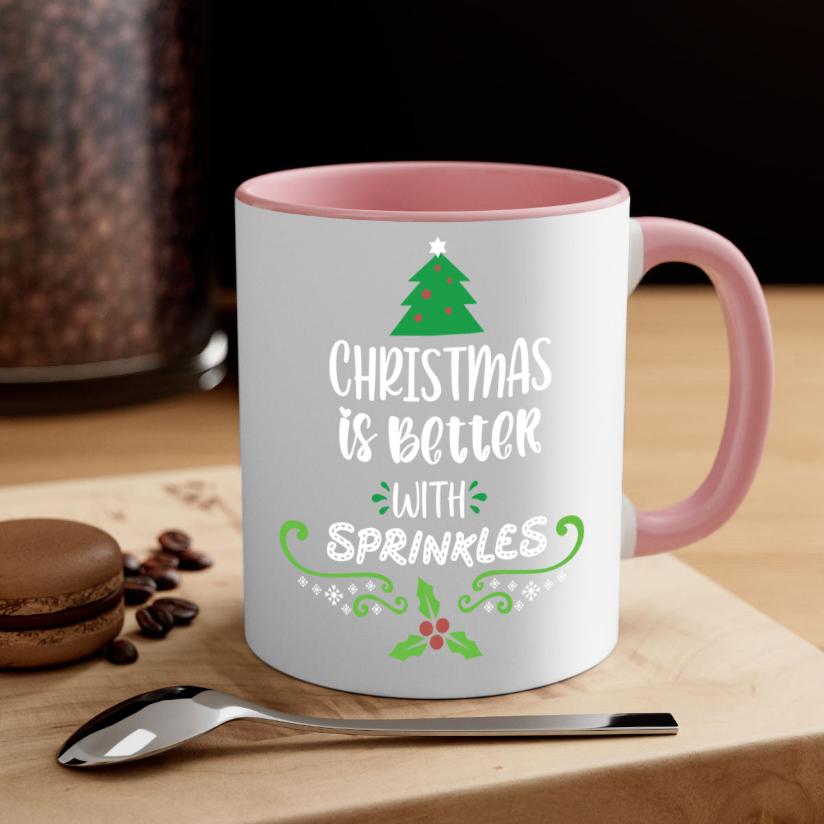 A festive two-tone Christmas mug with a glossy finish, featuring a colored handle and interior, perfect for coffee or tea.
