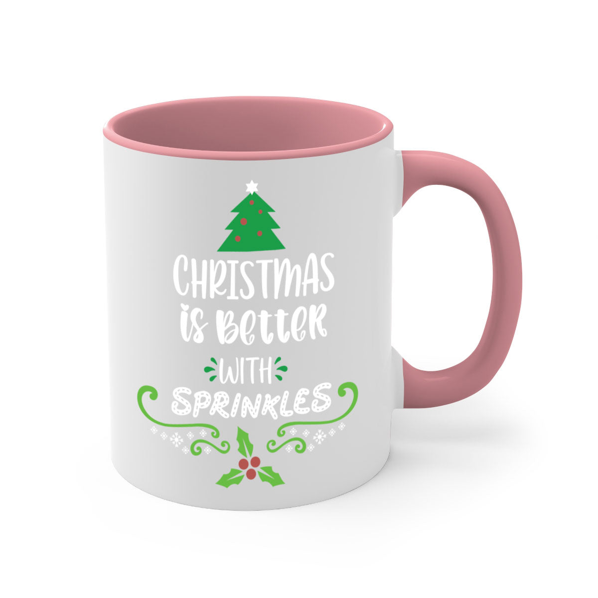 A festive two-tone Christmas mug with a glossy finish, featuring a colored handle and interior, perfect for coffee or tea.