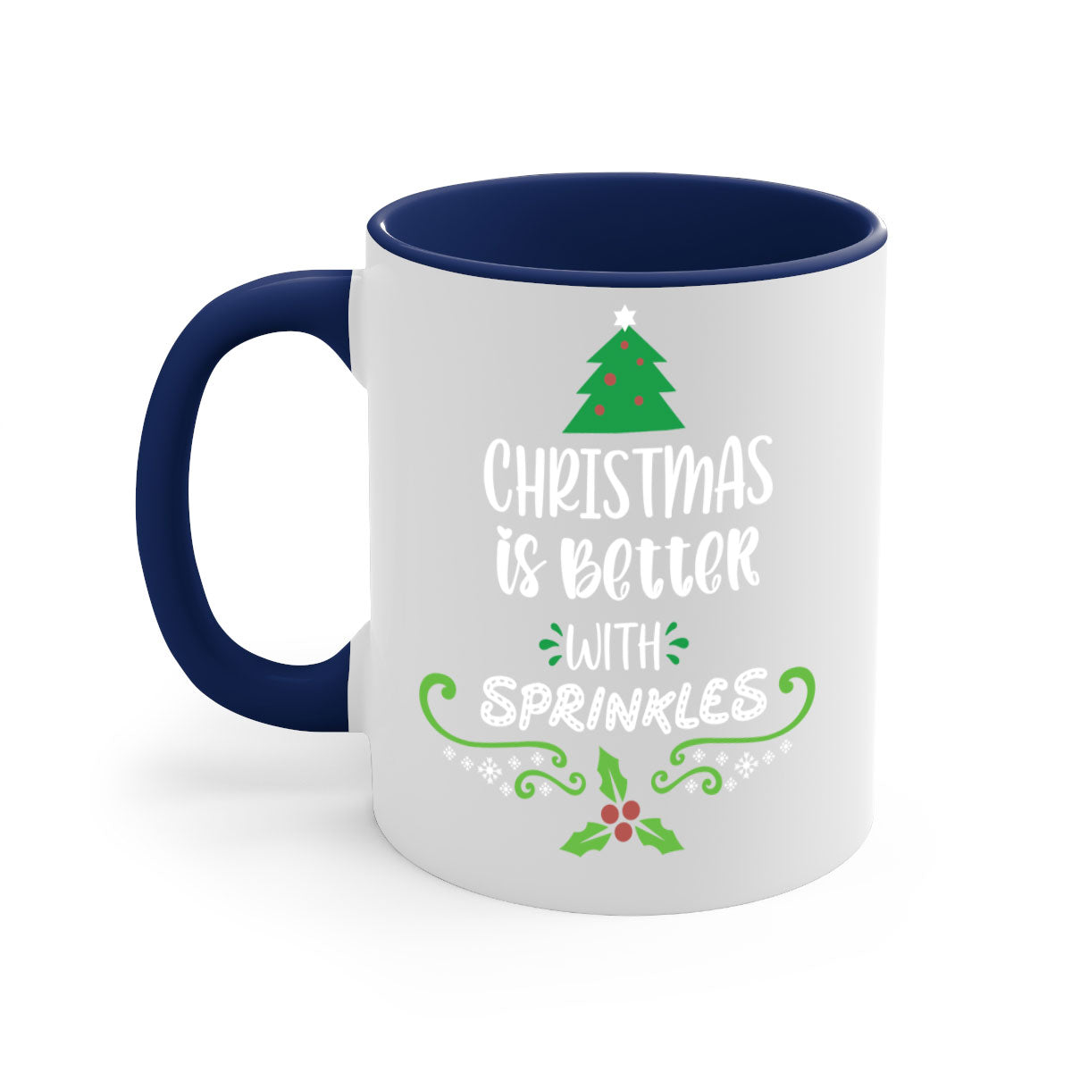 A festive two-tone Christmas mug with a glossy finish, featuring a colored handle and interior, perfect for coffee or tea.