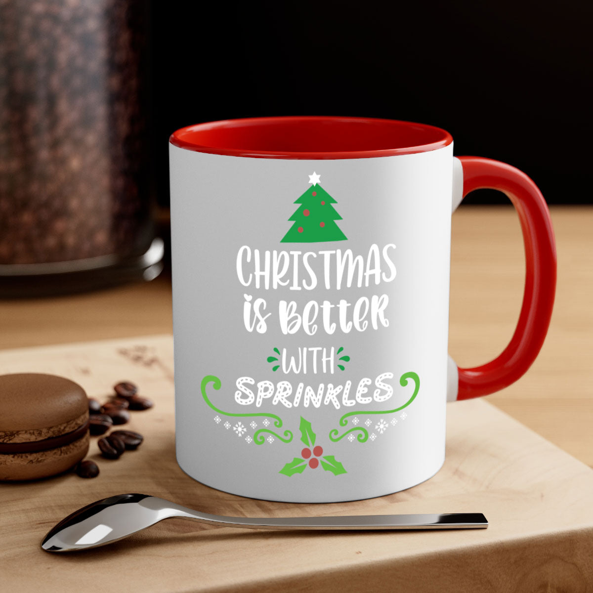 A festive two-tone Christmas mug with a glossy finish, featuring a colored handle and interior, perfect for coffee or tea.