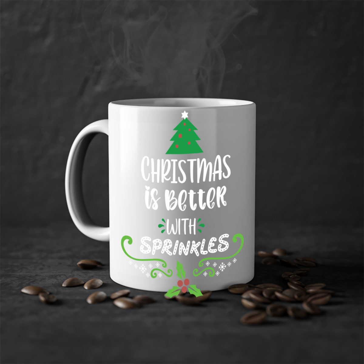 A festive two-tone Christmas mug with a glossy finish, featuring a colored handle and interior, perfect for coffee or tea.