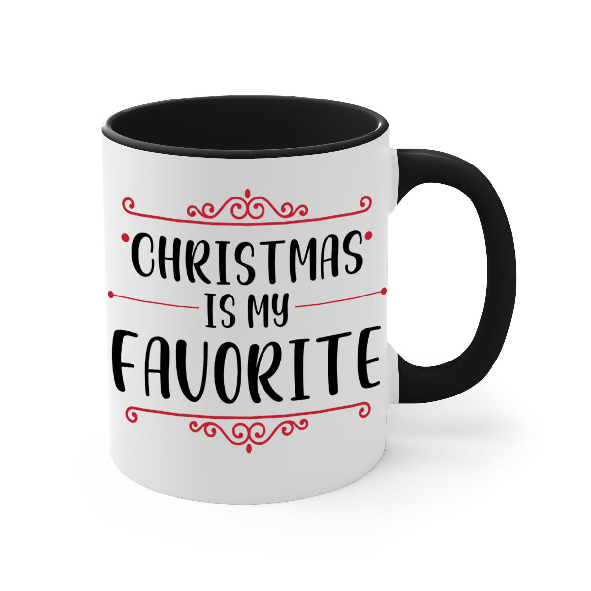A festive ceramic mug with 'Christmas is My Favorite Style' design, featuring a colored handle and glossy finish, available in multiple colors.