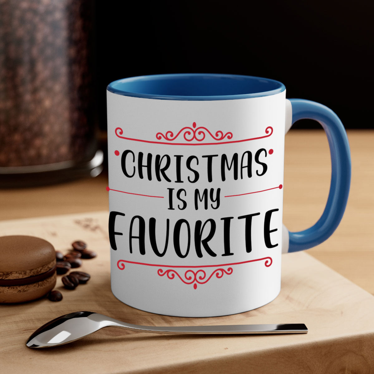 A festive ceramic mug with 'Christmas is My Favorite Style' design, featuring a colored handle and glossy finish, available in multiple colors.