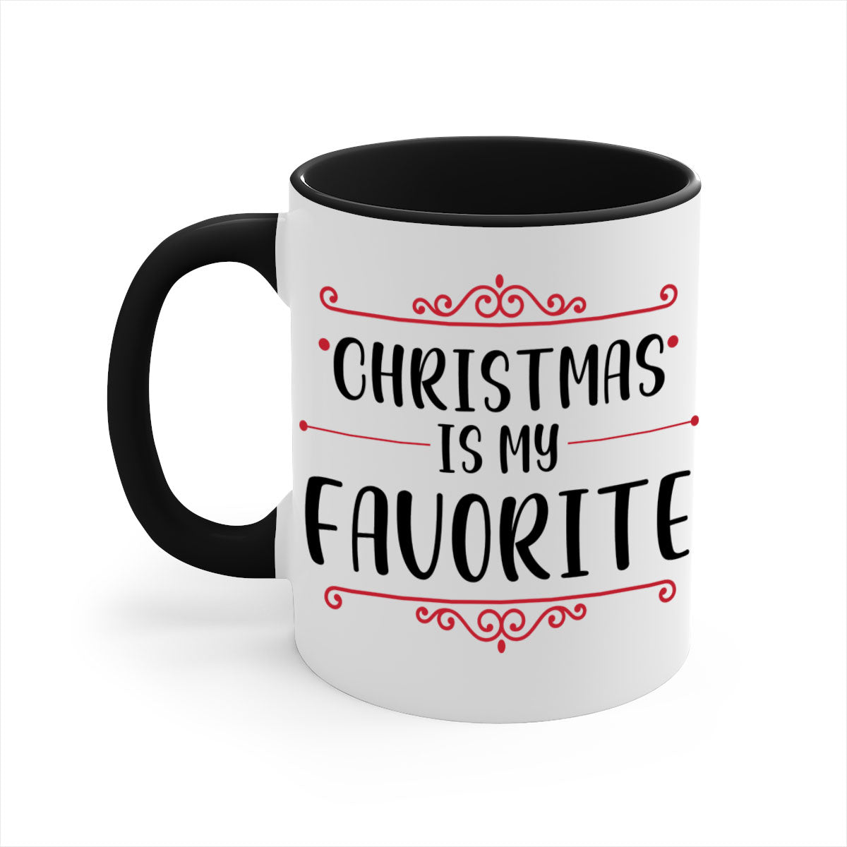 A festive ceramic mug with 'Christmas is My Favorite Style' design, featuring a colored handle and glossy finish, available in multiple colors.