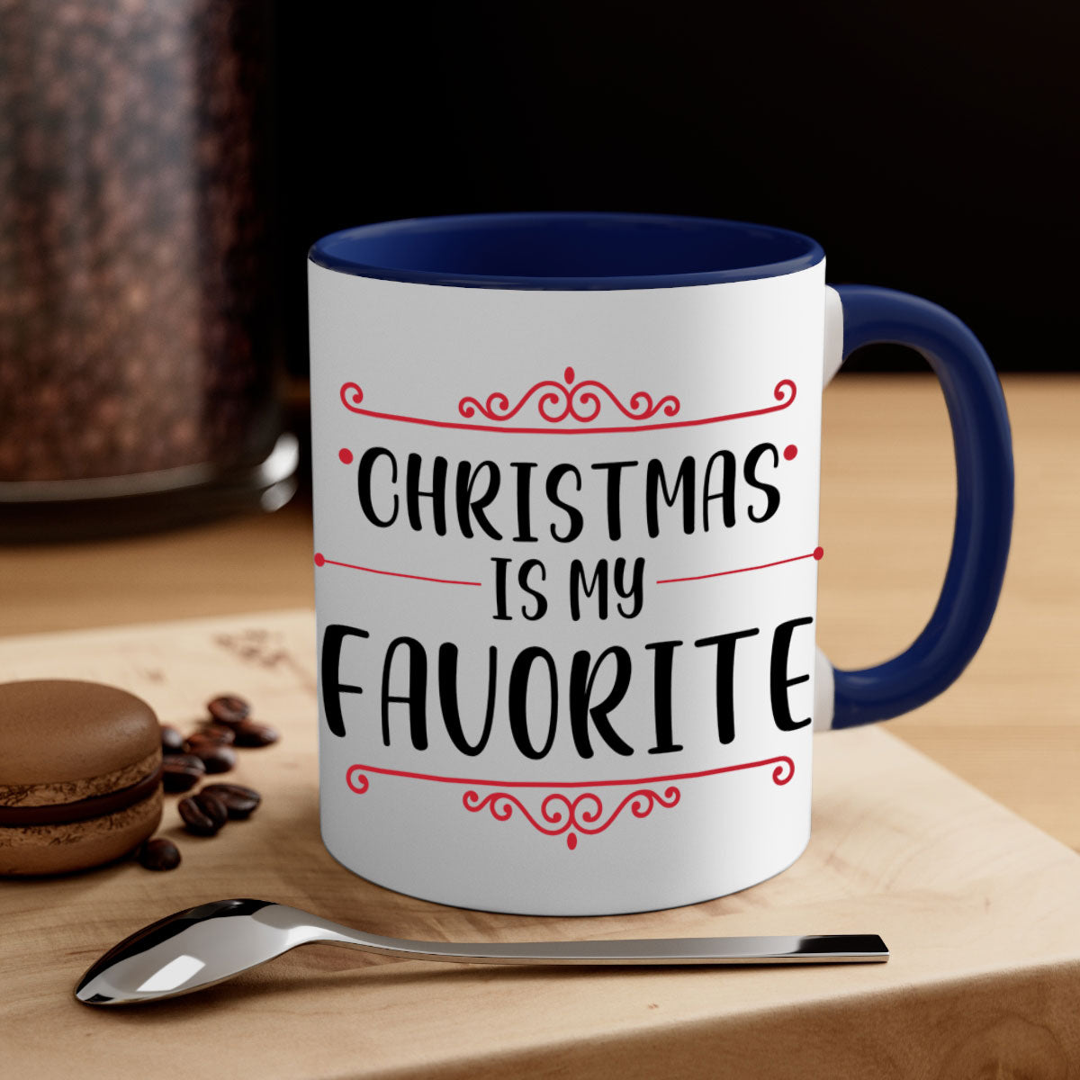 A festive ceramic mug with 'Christmas is My Favorite Style' design, featuring a colored handle and glossy finish, available in multiple colors.