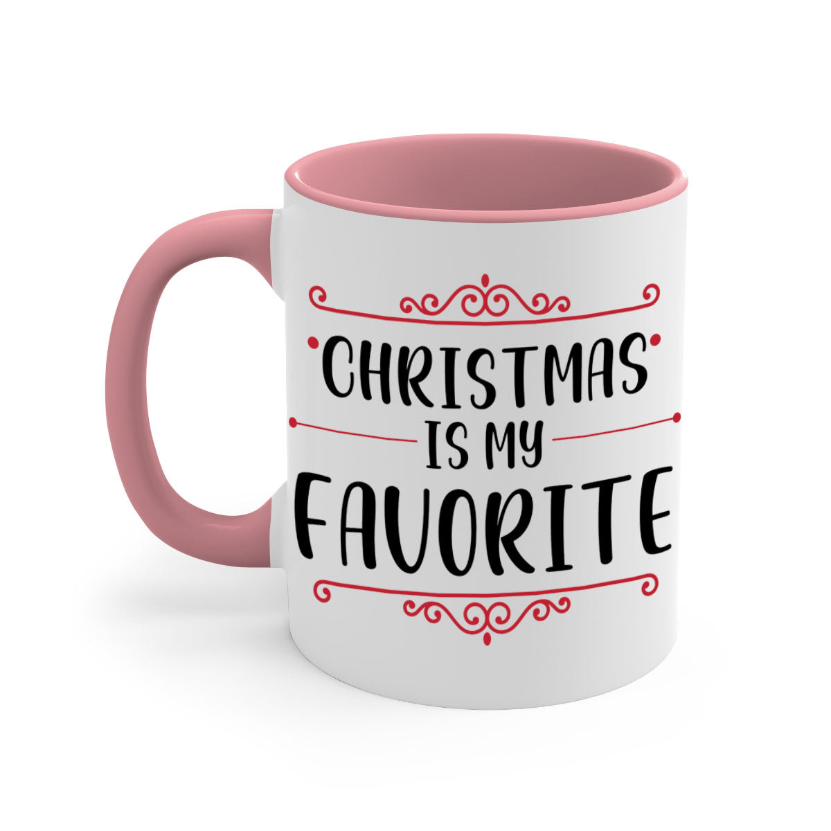 A festive ceramic mug with 'Christmas is My Favorite Style' design, featuring a colored handle and glossy finish, available in multiple colors.