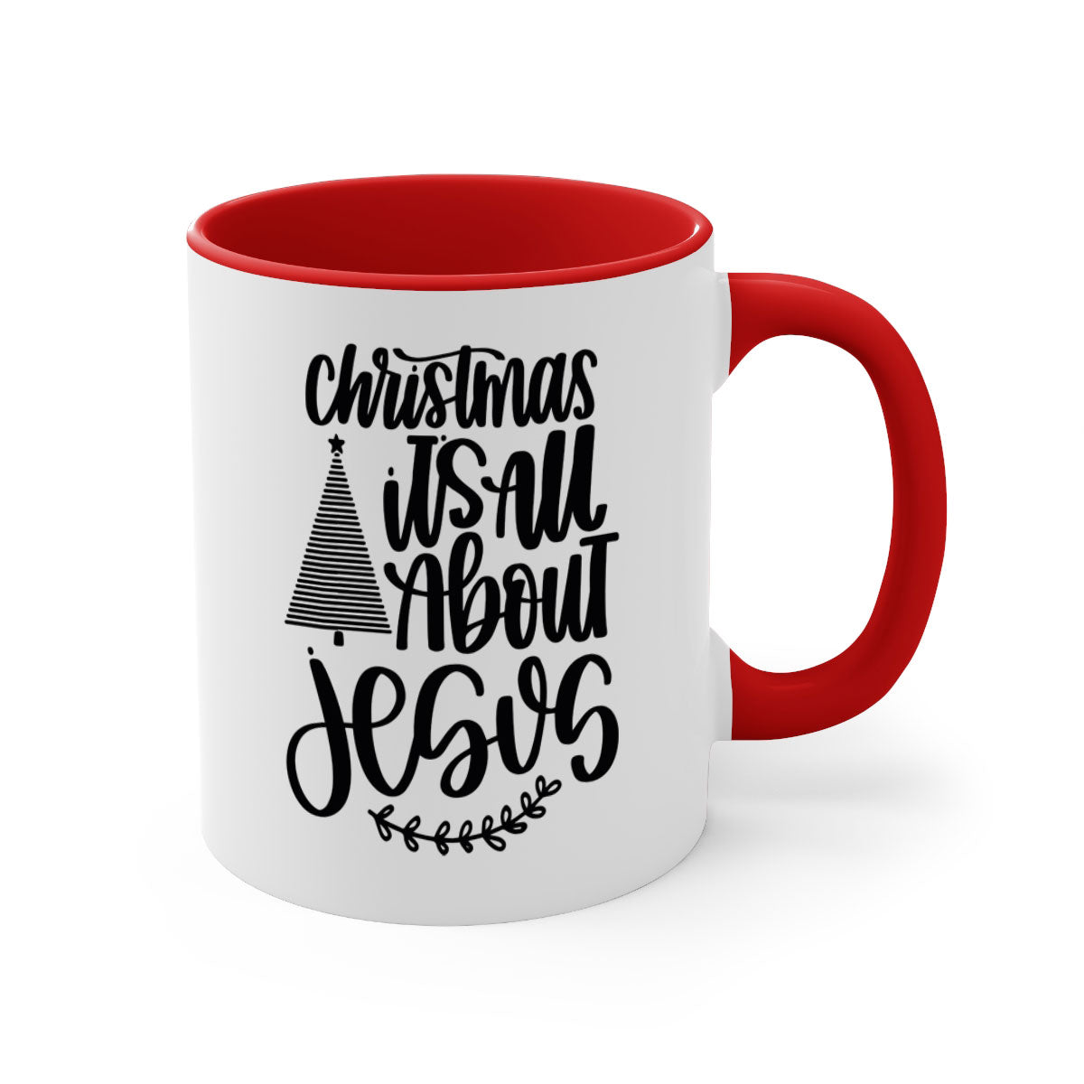 Ceramic Christmas mug featuring 'It's All About Jesus' design with a glossy finish and colored handle.
