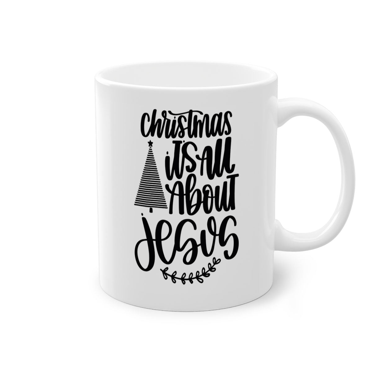 Ceramic Christmas mug featuring 'It's All About Jesus' design with a glossy finish and colored handle.