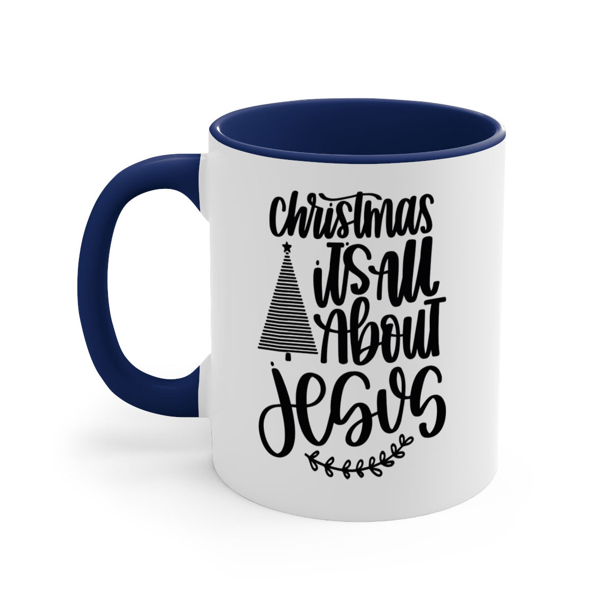 Ceramic Christmas mug featuring 'It's All About Jesus' design with a glossy finish and colored handle.