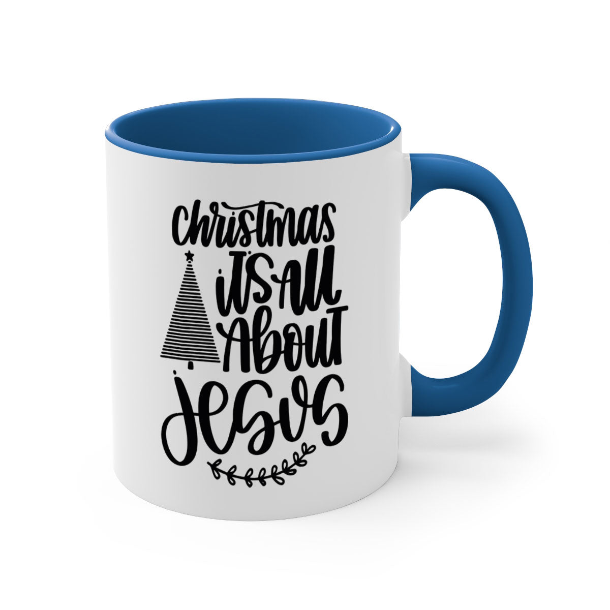 Ceramic Christmas mug featuring 'It's All About Jesus' design with a glossy finish and colored handle.