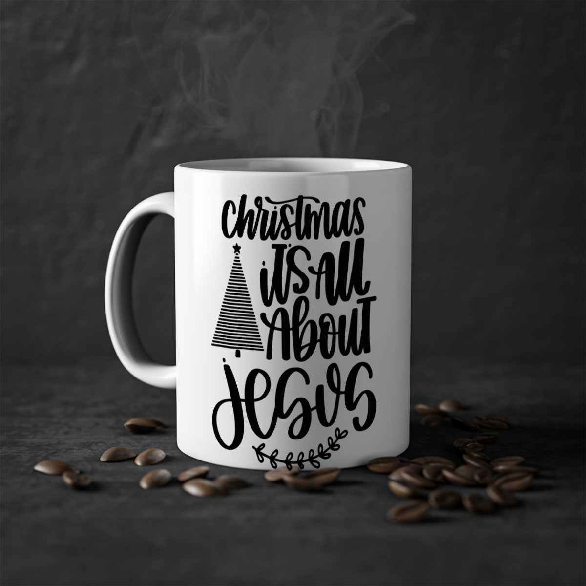 Ceramic Christmas mug featuring 'It's All About Jesus' design with a glossy finish and colored handle.