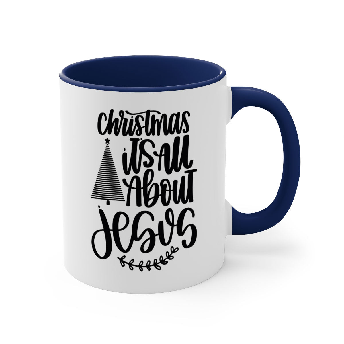 Ceramic Christmas mug featuring 'It's All About Jesus' design with a glossy finish and colored handle.