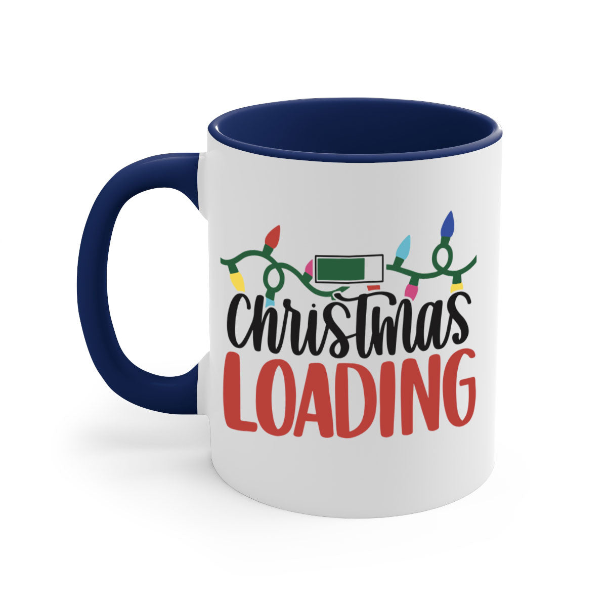 A festive Christmas Loading 195# Mug with a glossy finish, featuring a colored handle and interior, available in five vibrant colors.